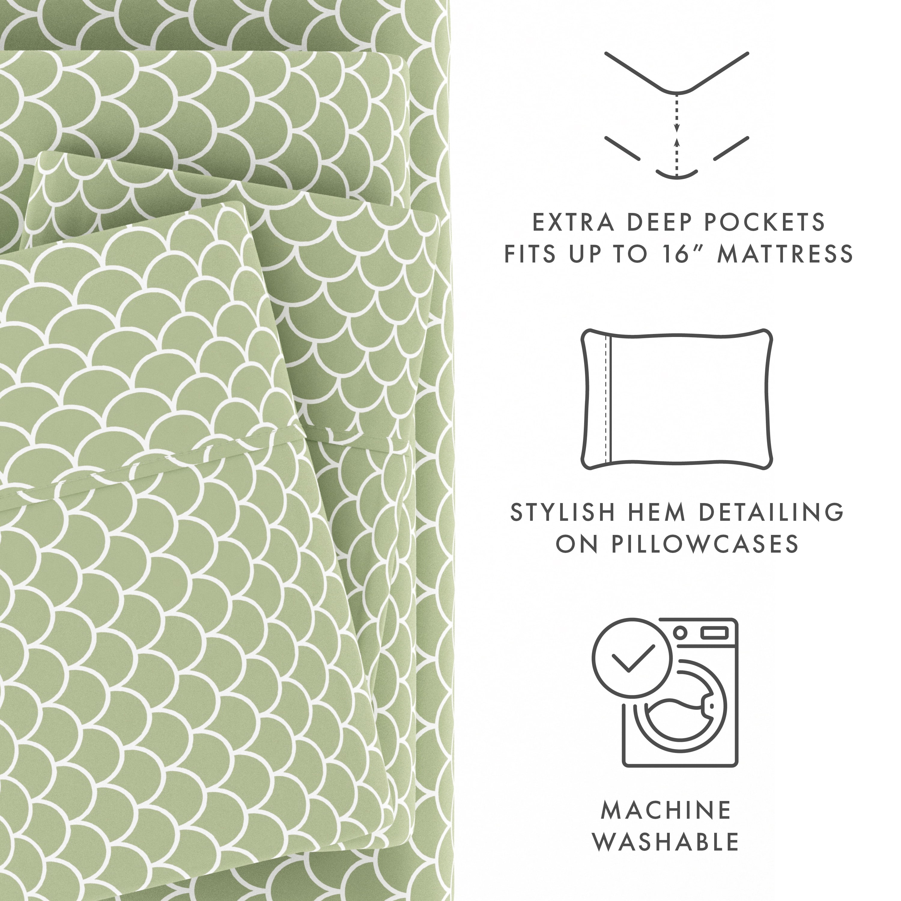 Noble Linens 4 Piece Pattern Microfiber Bed Sheets Set, Sage Scallops, California King