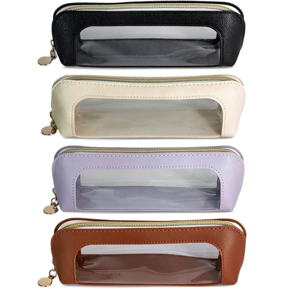 4 Pcs Small Clear Makeup Bag, PU Leather Travel Makeup Brush Case Portable Transparent Waterproof Cosmetic Organizer Pouch with Zipper for Women Home Travel Office Cosmetic Storage