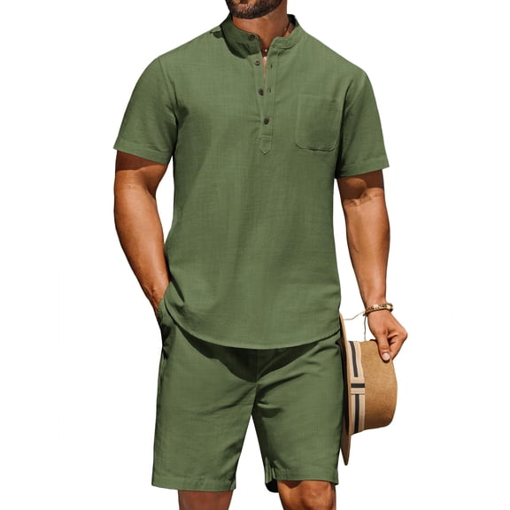 COOFANDY Men's Summer Beach Outfits 2 Piece Short Sleeve Shirts and Shorts Casual Vacation Linen Sets for Men