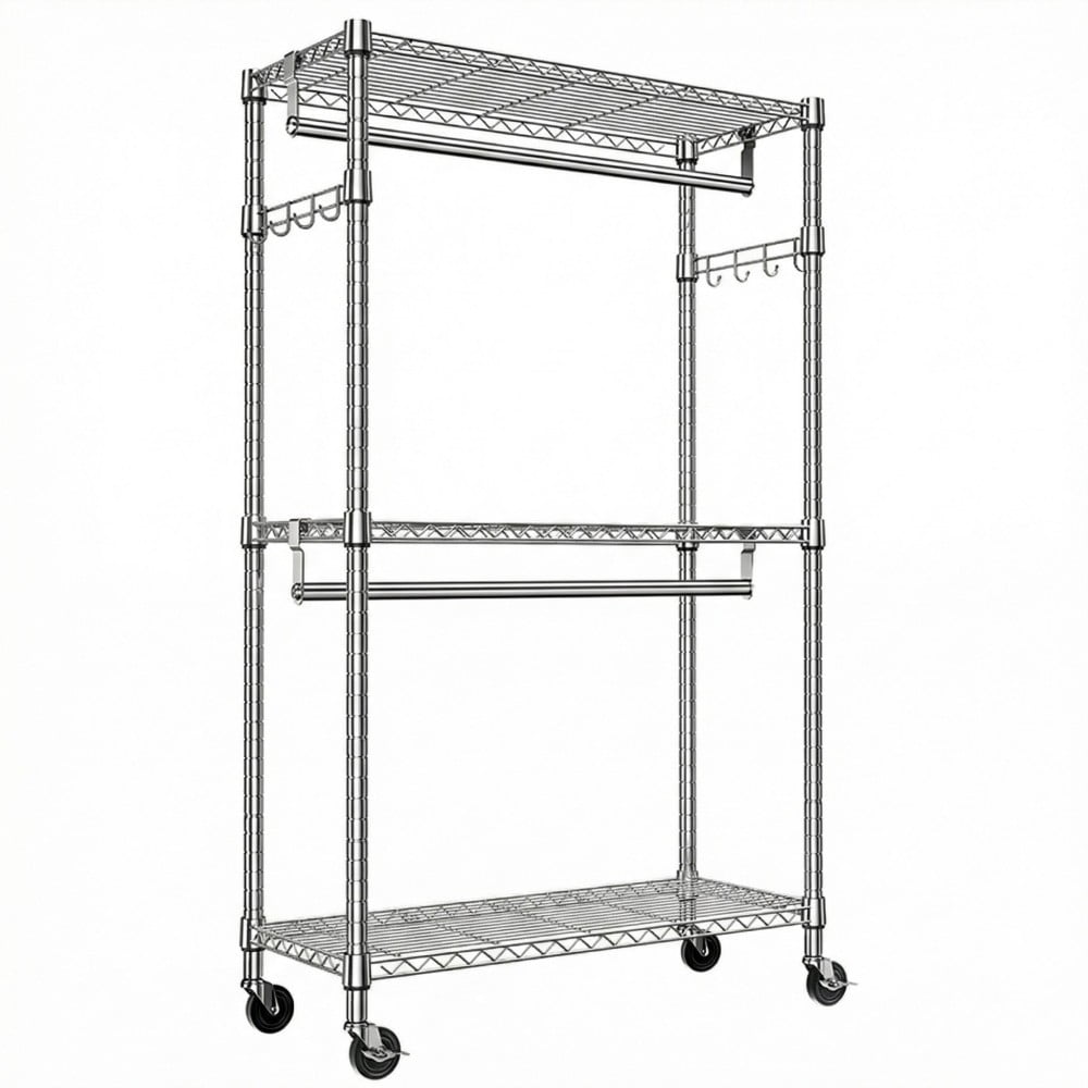 Heavy Duty Rolling Garment Rack, 3-Tier Adjustable Wire Shelving Clothes Rack with 2 Hanging Rods, Side Hooks & Lockable Wheels, Chrome