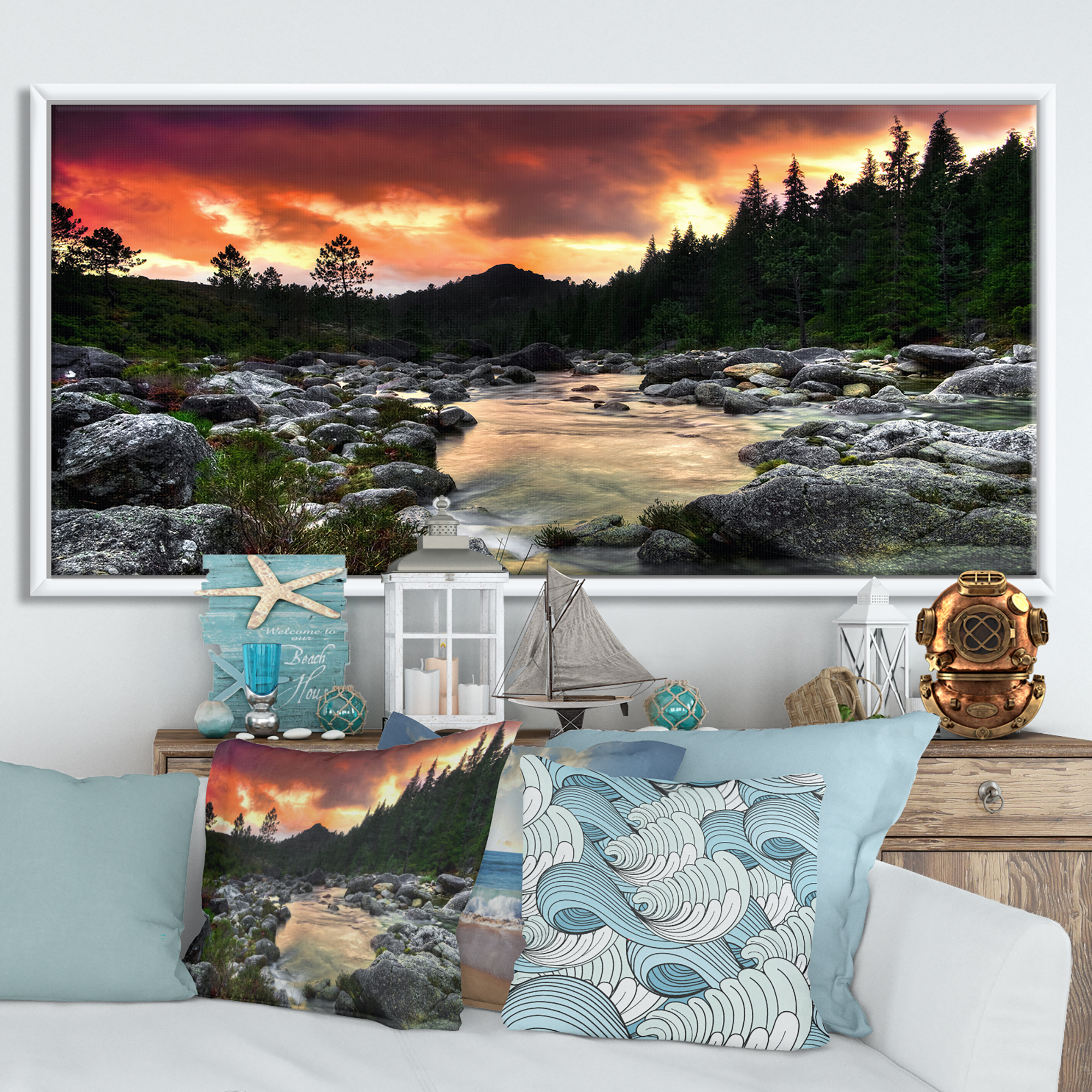 Designart ' Rocky Mountain River at Sunset ' Landscape Framed Canvas Art