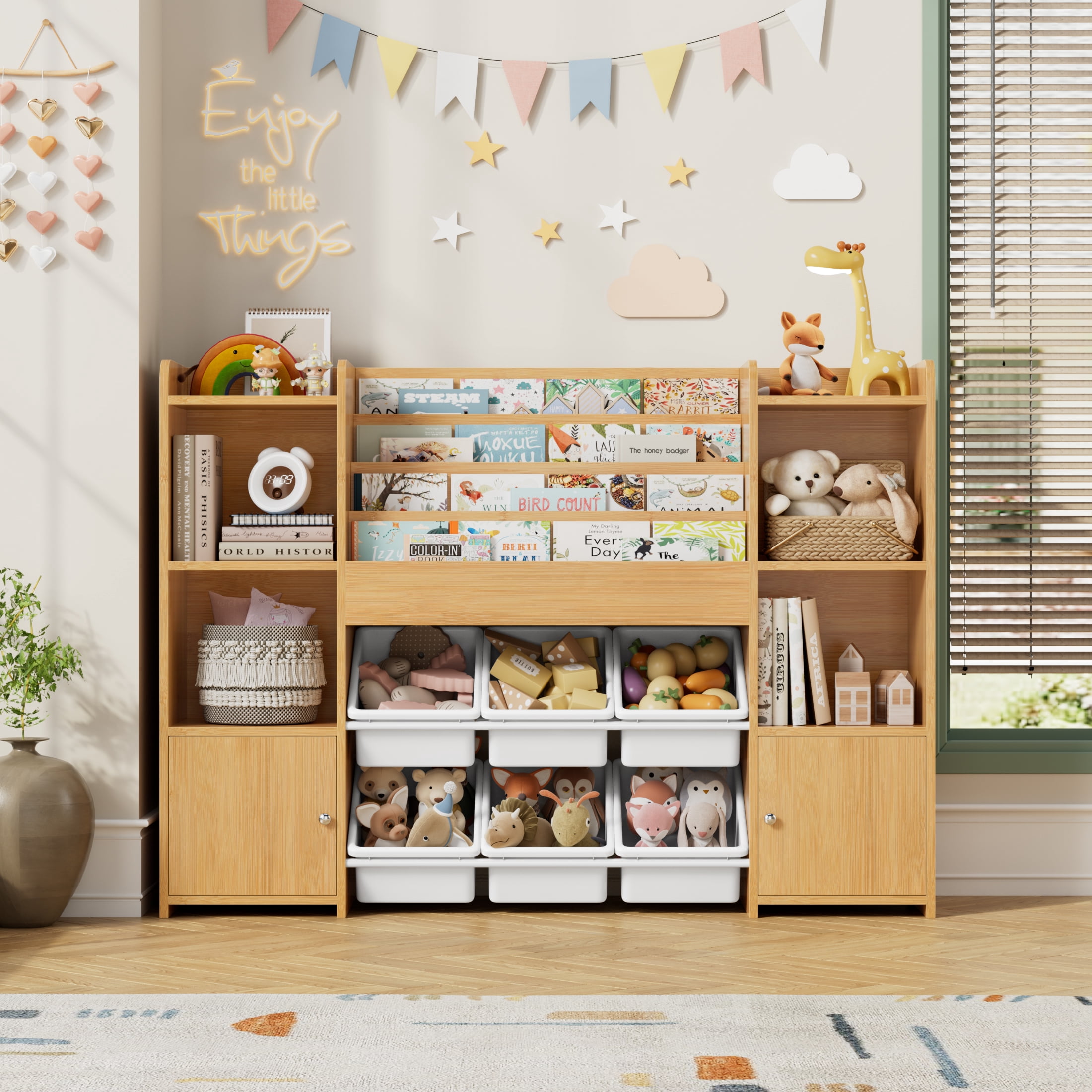 Hiphuta Kids Bookcase Toy Storage Organizer, Wooden Toy Chest for Kids with 6 Removable Toy Boxes, Kids Storage Bookshelf for Bedroom Playroom, Natural