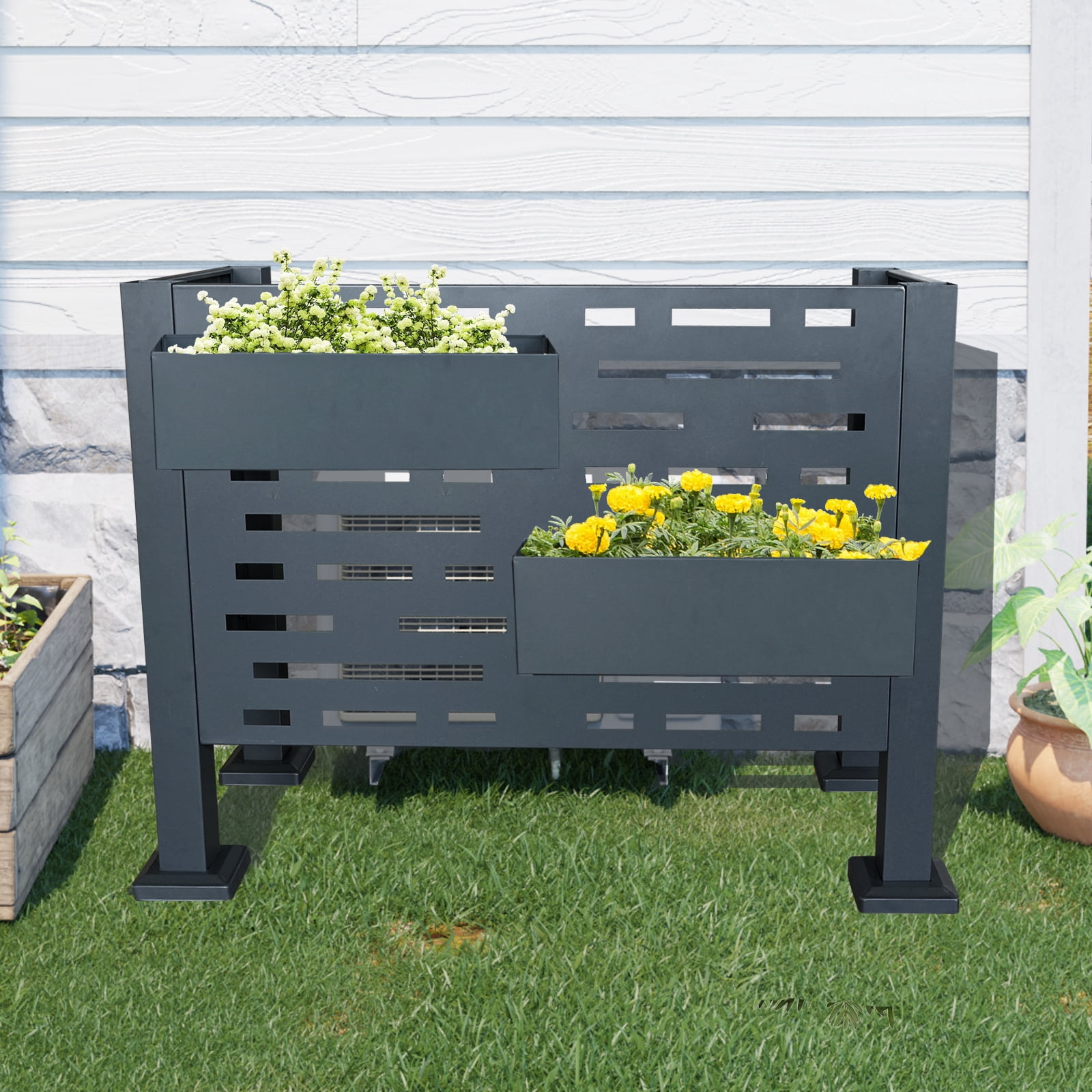 AC Unit Cover, 3FTx2FT Metal Privacy Fence Screen 3 Panel Outdoor Air Conditioner Concealment Shield, Charcoal