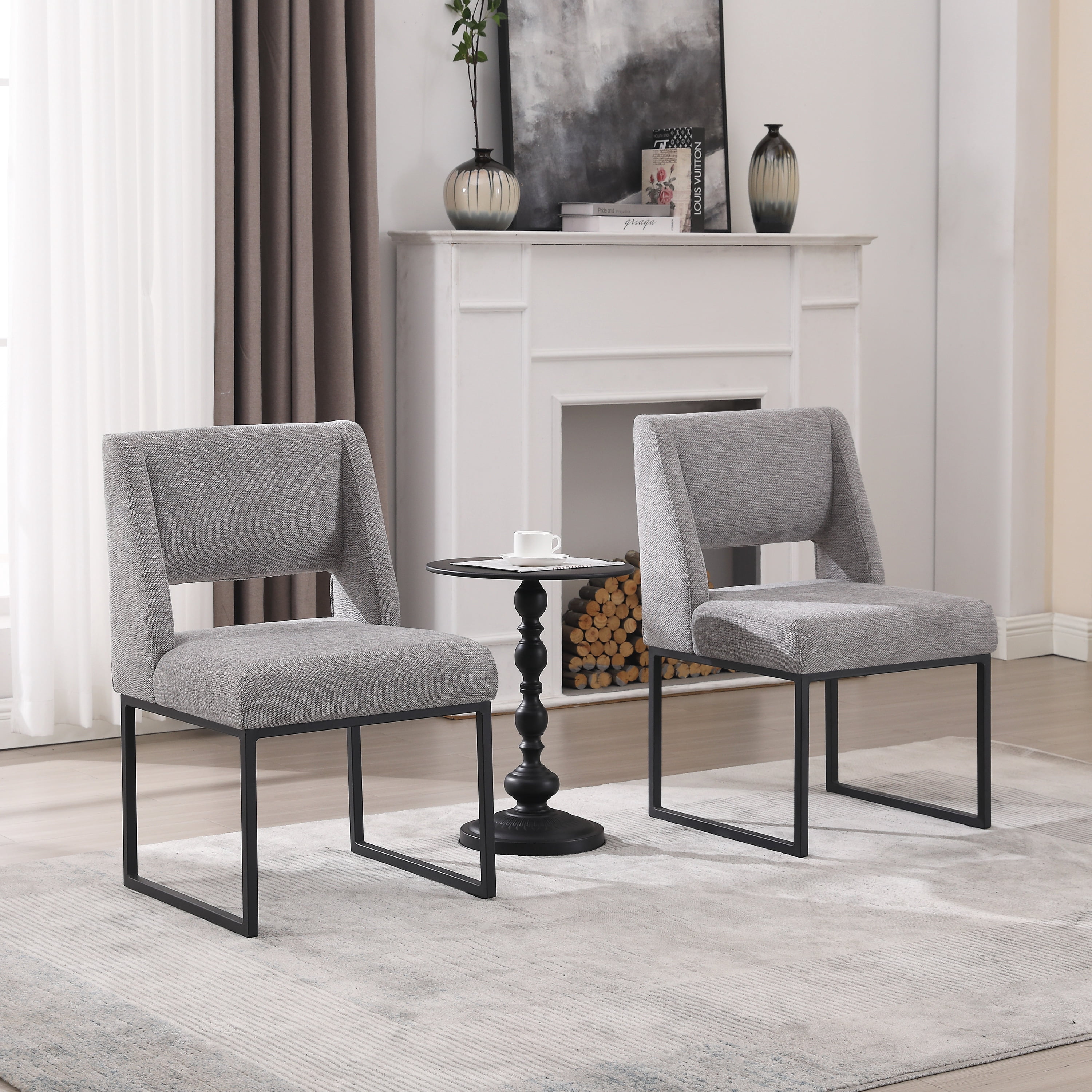 Zesthouse 18.3" Linen Dining Chairs Set of 2, Extra Thick Upholstered Side Chair with High Back and Metal Legs, Modern Armless Kitchen Chairs for Dining Room, Gray