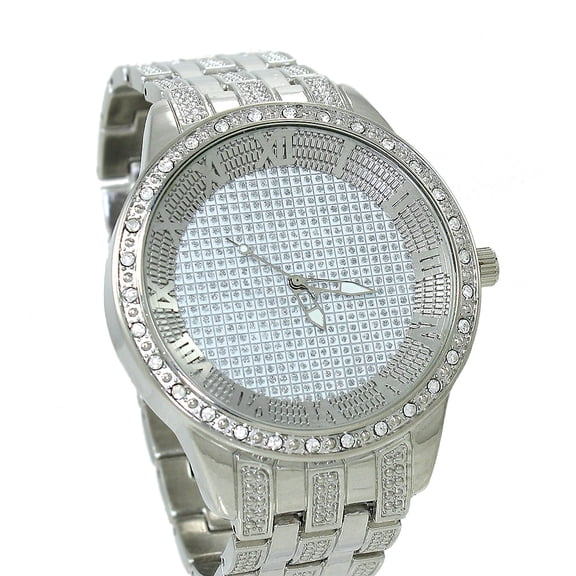 Men’s Silver-Tone CZ Clubbing Watch – 50mm Bling Dial, Metal Link Bracelet
