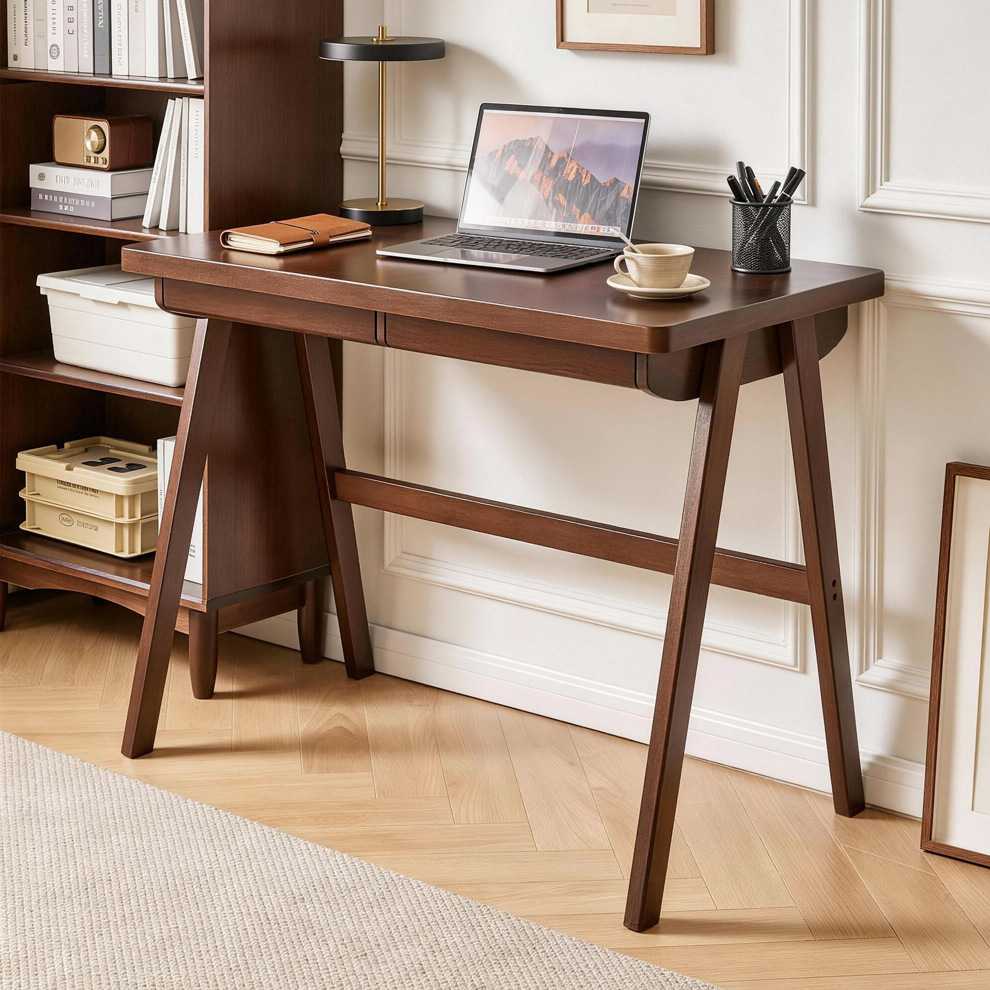 100% Solid Rubber Wood Computer Desk, Retro Walnut Writing Desk with Drawer, Sturdy A-Frame Leg, 39.37"x21.65", 0.71" Standard Thick Home Office Study Table