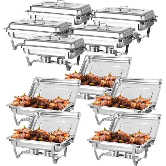 EVGTTI 10 Pack 8QT Stainless Steel Food Warmer, High Grade Stainless Steel Chafing Dish with Full Size Food Pan, Foldable Frame for Parties, Events