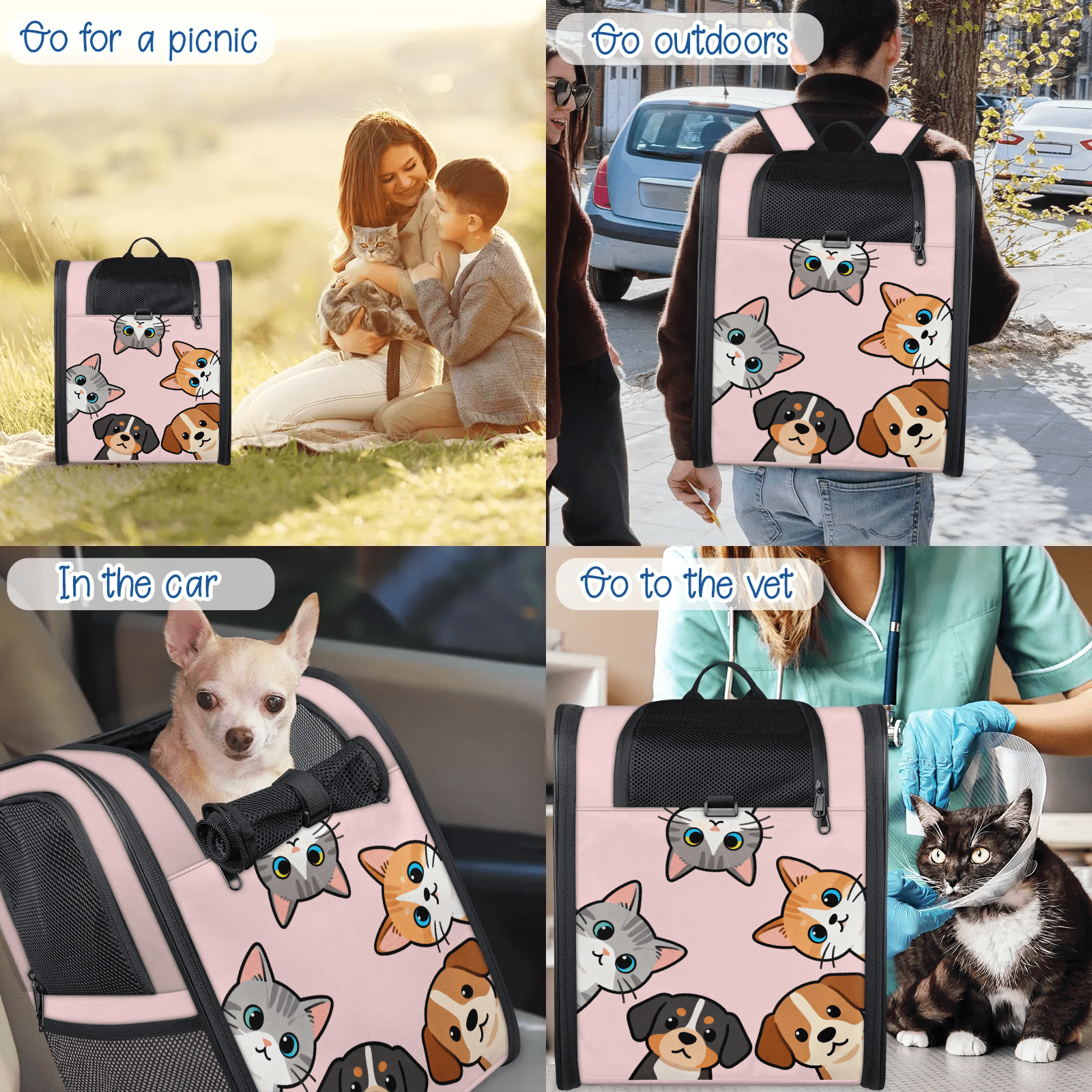 Cute Pet Backpack Carrier for Cats & Small Dogs, Breathable Mesh Design, Safe Travel Carrier for Outdoor Hiking, Walking, Vet Visits