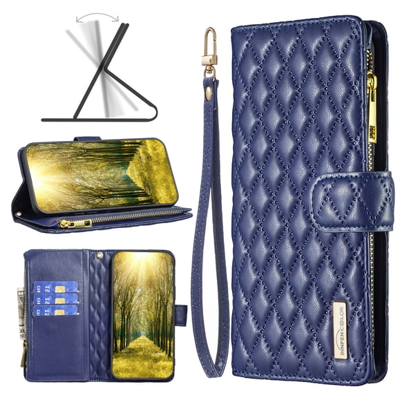 Wallet with [RFID Blocking] [9 Card Slots ] Zipper Pocket iPhone 17 Premium Soft PU Leather Magnetic Flip Folio with Wrist Strap Kickstand Protective Cover for iPhone 17,
Blue