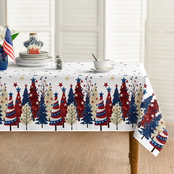 4th of July Tablecloth 60×84 Inch Rectangular, Patriotic Trees Independence Day Memorial Day Blue Red Washable Seasonal Table Cover for Party Picnic Dinner Decor