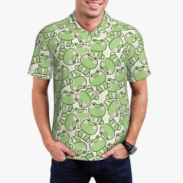 Lsque Cute Frog Pattern Golf Shirts for Men Dry Fit Print Moisture Wicking Performance Short Sleeve Polo Shirt-XX-Large