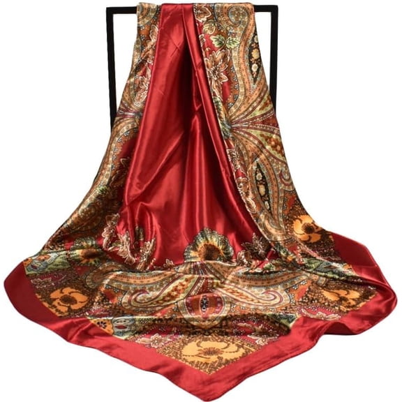 Large Square Satin Hair Scarf Red Printed Head Wrap 900x900mm Soft Lightweight Fashion Accessory for Women Casual Outings Parties Everyday Use