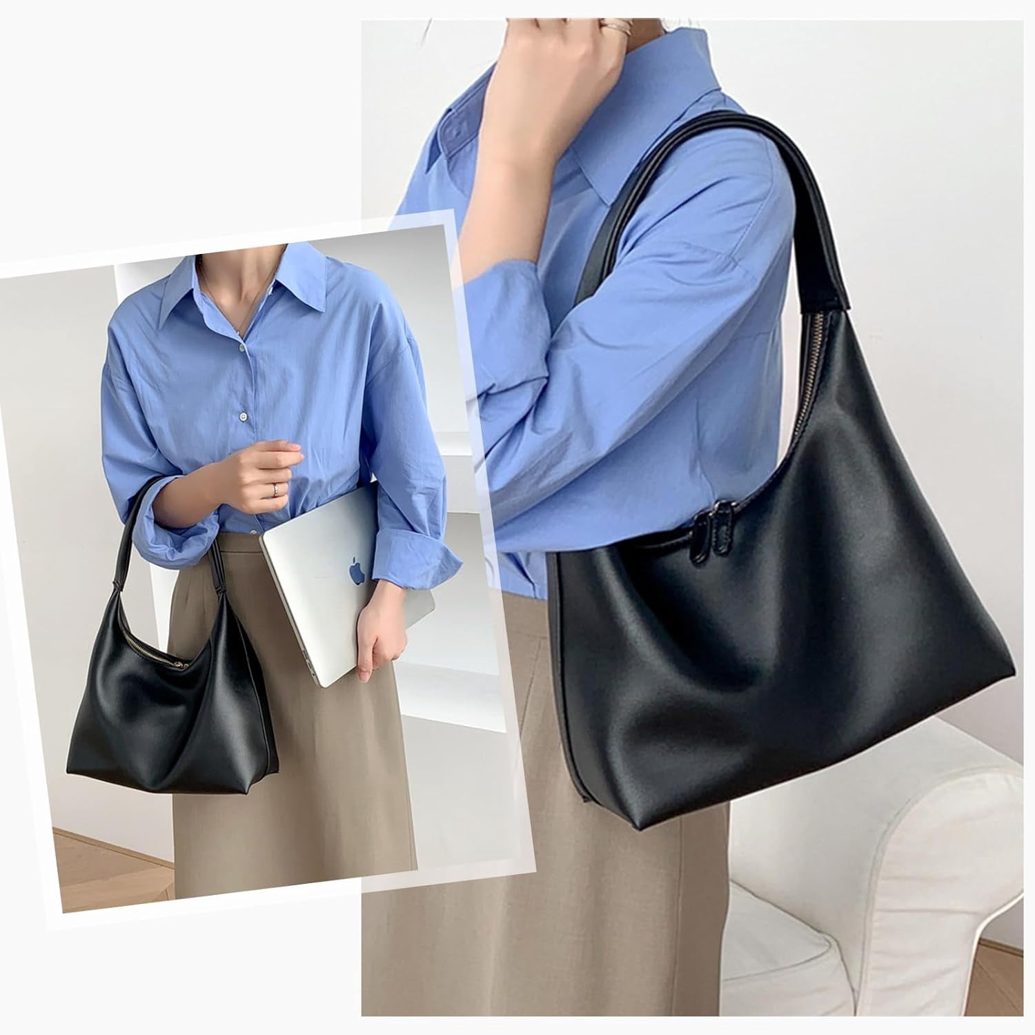 Kwuty Leather Hobo Bag Small Shoulder Purses for Women Slouchy Tote Handbag Vegan Leather Crescent Bag