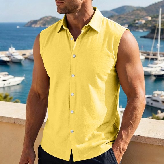 Cheytotty Mens Sleeveless Lapel Shirt, Solid Color Button Cardigan, Casual Sports Top Yellow XL