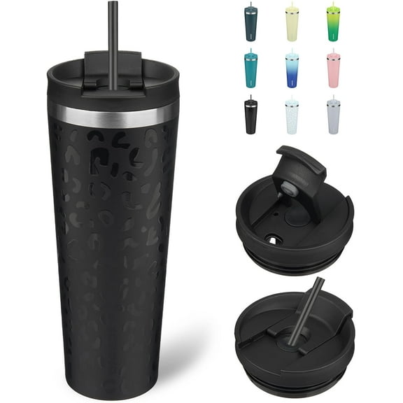 26oz Insulated Tumbler With lid And Straw Stainless Steel Tumblers Travel Coffee Mug Reusable Thermal Cup,Black Leopard