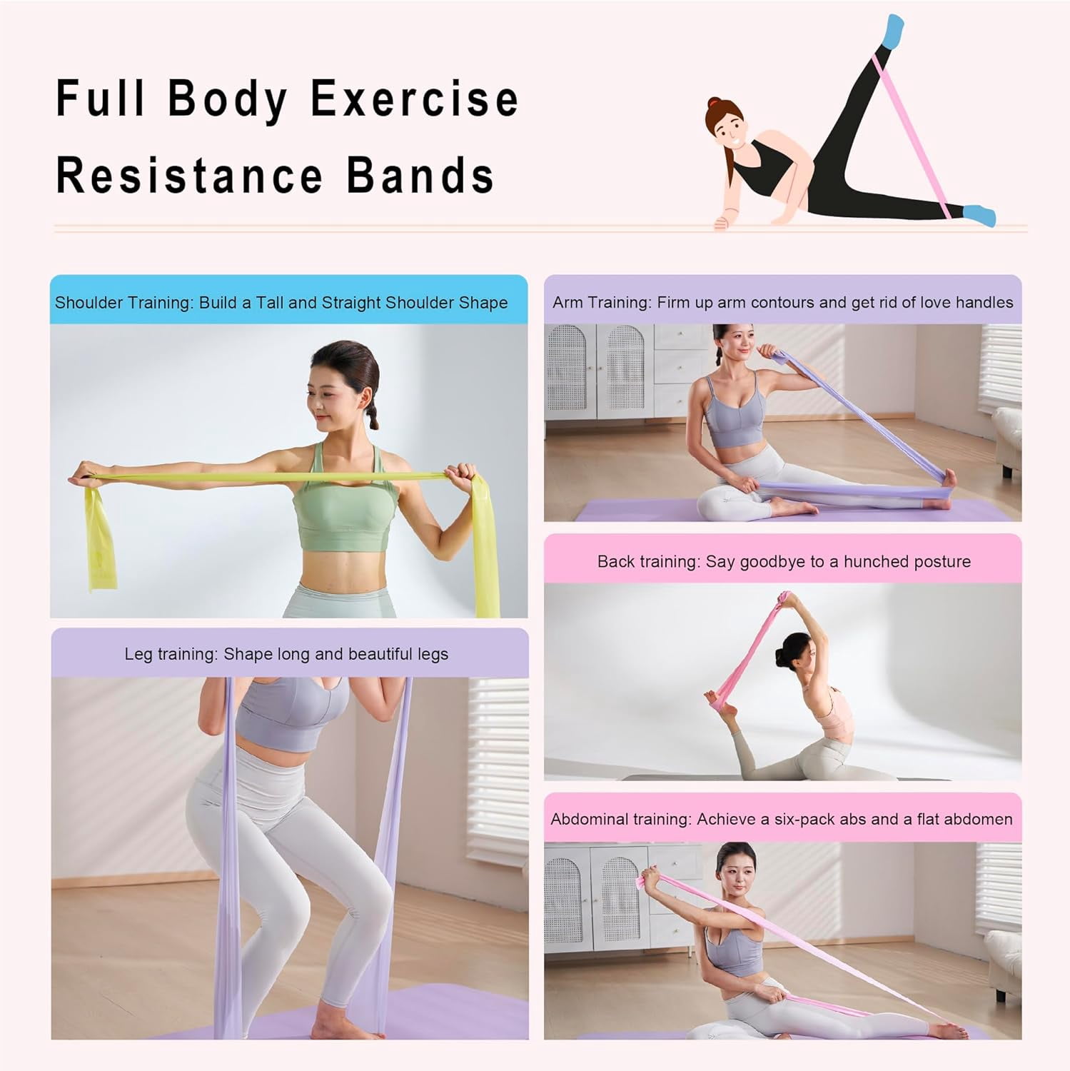 JJEAN-Resistance Bands, 6.5ft Long Non-Latex Elastic Stretch Bands, Exercise Bands for Physical Therapy, Yoga, Pilates, Rehab, Home Gym Workouts, Strength Training