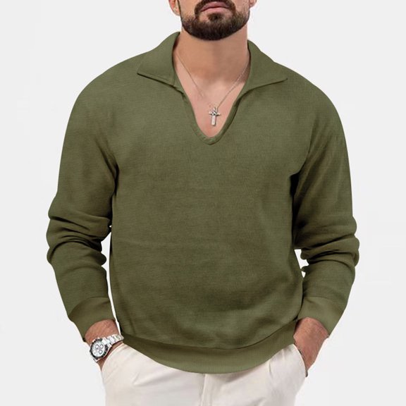 Wavsuf Mens Sweaters for The Winter V Neck Solid Knitted Army Green Sweaters Tops Size 2XL