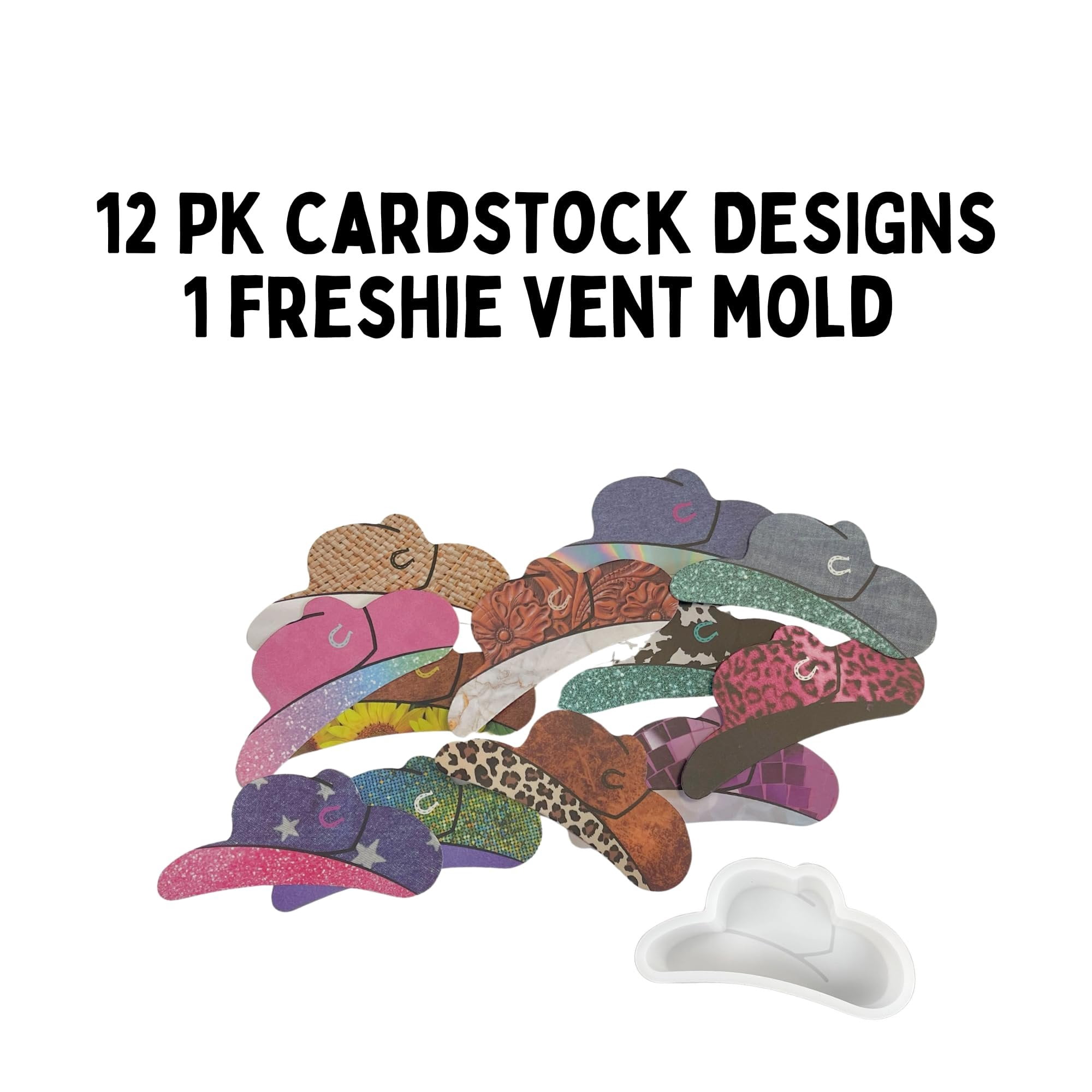 Cowboy Hat Freshie Cardstock Cutouts 1.2 x 2.8 inch  12 pk MIXED Designs Country Western for Scented Aroma Bead Bake Oven Safe Fits Air Vent Pocket Hat Silicone Mold Cardstock + Silicone Mold