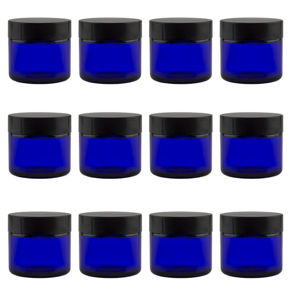 Cornucopia Brands 2oz Cobalt Blue Glass Cosmetic Jars (12-Pack); Straight Sided Jars w/Black Plastic Lined Lids for Balms, Cosmetics, Creams & More