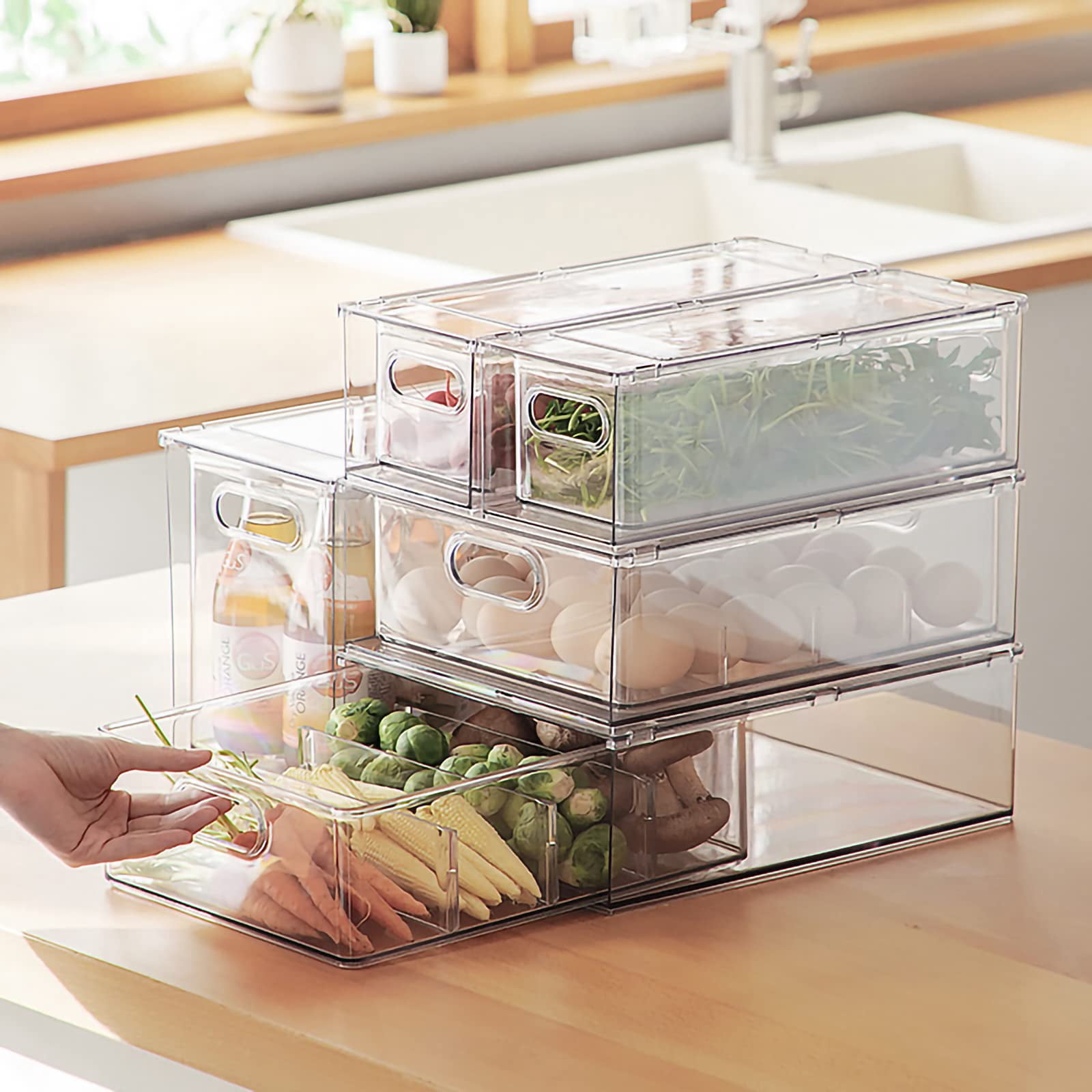 Stackable Fridge Drawer Pull-out Bins With Handles 3 Pack Large Clear Food Container Removable Dividers Refrigerator Storage Box Divided Produce Saver For Pantry Kitchen