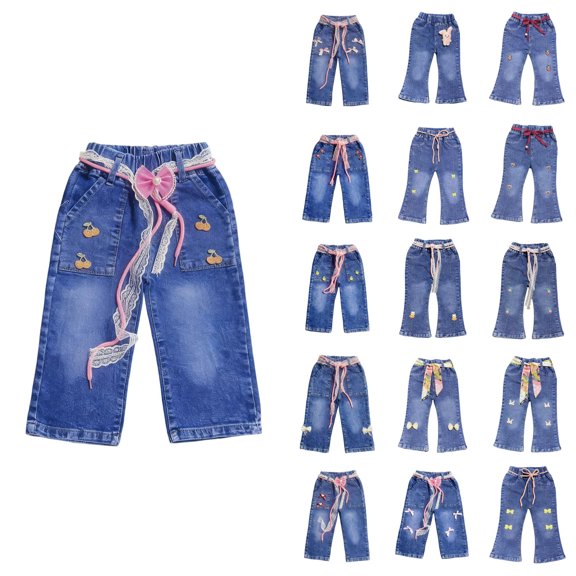 SROBPTY Girls Summer Pants Cute Denim Flare Leggings Elastic Waist for Casual Wear 2-8 Years