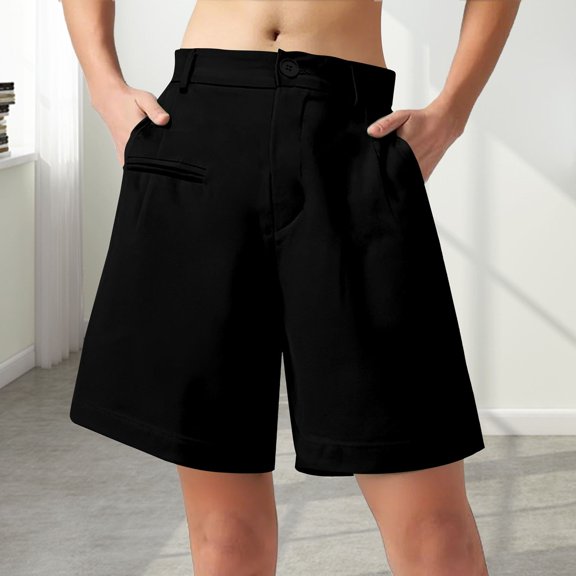 Stephy Womens Casual Solid Elegant Zipper Waist Suit Shorts Pants Elastic Waist Side Pockets Business Shorts, Black, XXL