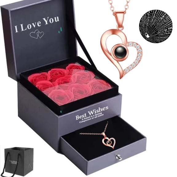 HOARBOEG Valentine'S Day Necklace Gift Box Pendant Necklace For Women And Fake Rose Set Heart-Shaped Necklace Valentine'S Mother'S Day Gift Anniversary Birthday Necklaces Jewelry Gifts