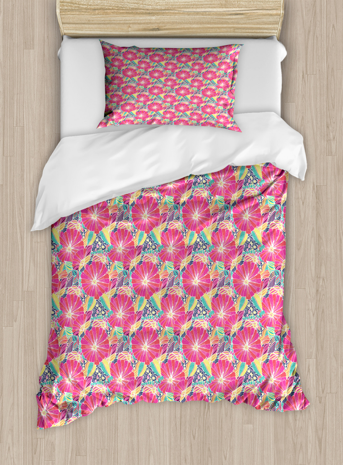 Floral Duvet Cover Set Twin Size, Energetic Illustration of Summer ...