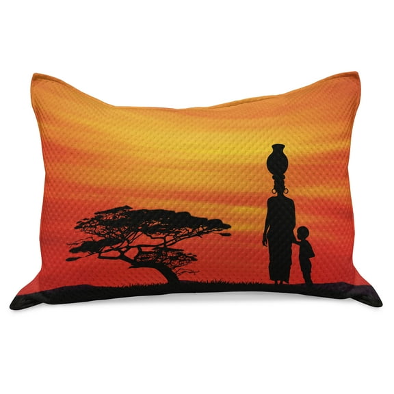 African Knitted Quilt Pillowcover, Rural Countryside Landscape Mother and at Sunset Tree Print, Standard King Size Pillow Cover for Bedroom, 36" x 20", Scarlet Yellow and Black, by Ambesonne