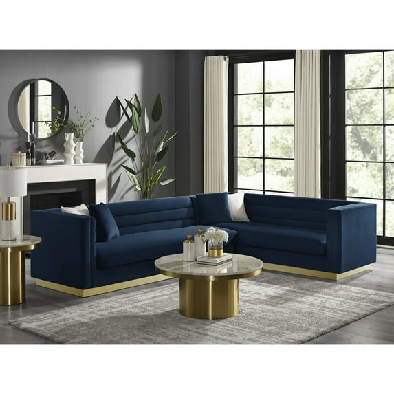 Inspired Home Anniston Velvet Upholstered Corner Sectional Sofa, Gold Base, Right Facing, Navy