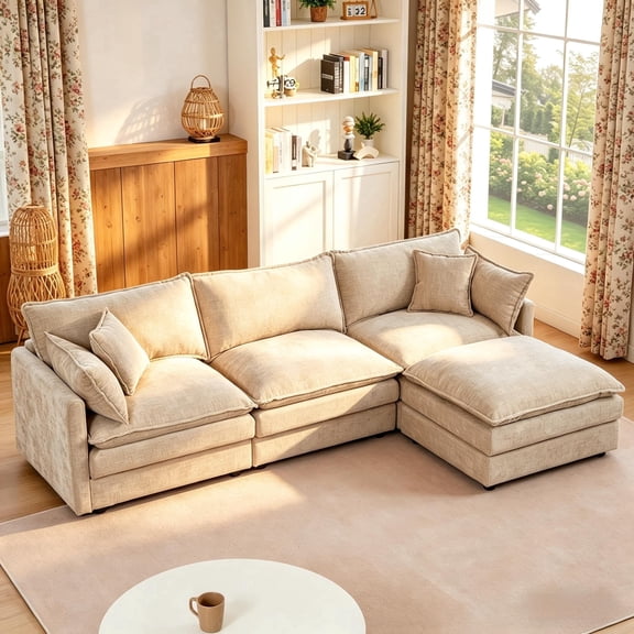 QuzyAor 102" Chenille Modular Sectional Sofa, L Shaped Cloud Couch with Movable Ottoman, DIY Comfy Couch for Living Room, Brown