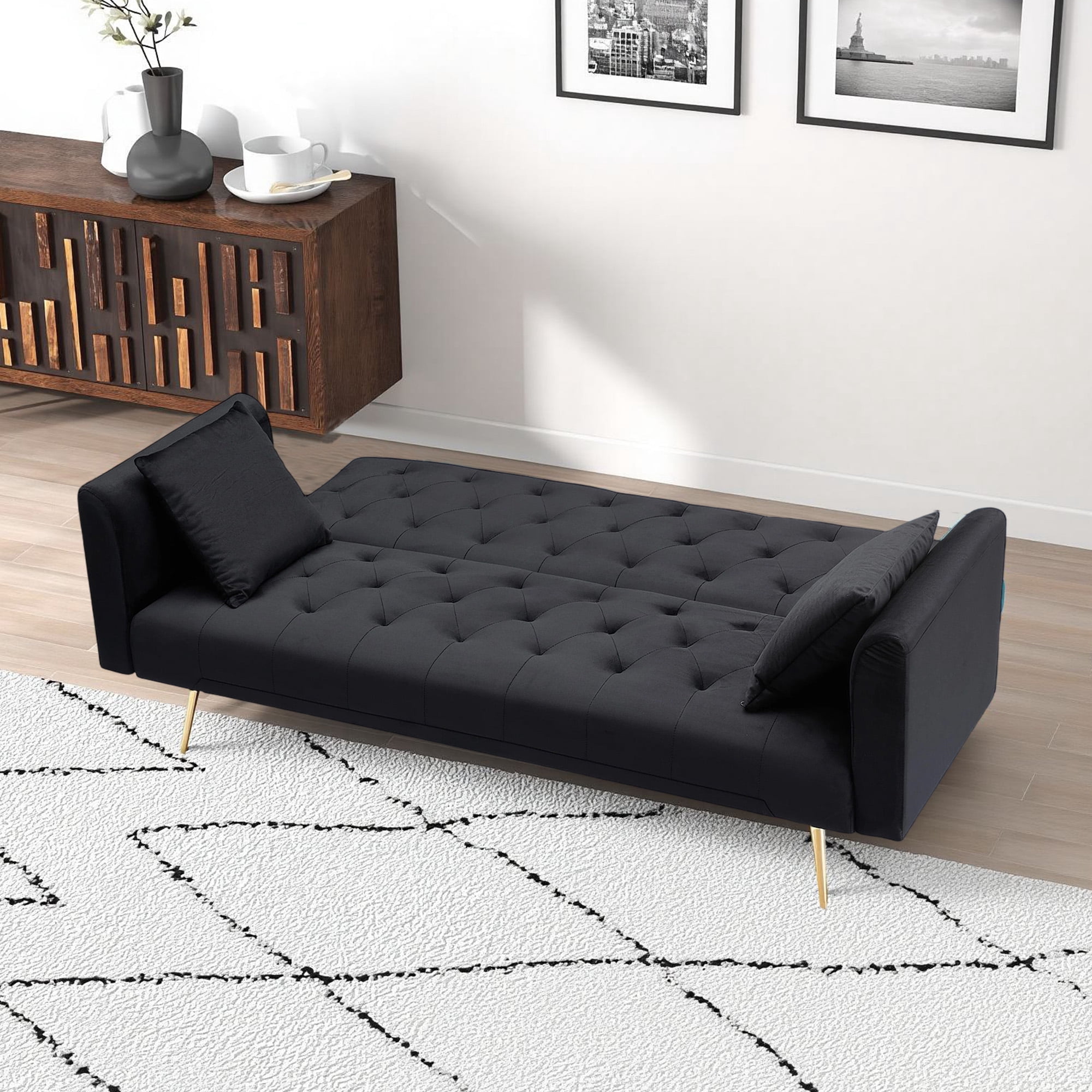 Leumius Velvet Futon Sofa Bed,Convertible Sleeper Couchwith Adjustable Backres & 2 Pillows for Small Spaces,Living Room,Black