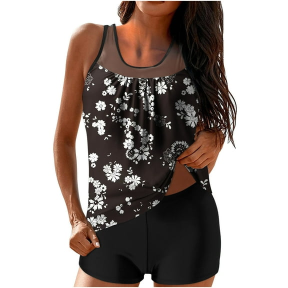Atogsazn Tankini Swimsuits for Women Two Piece Bathing Suits Floral Print Tank Top with Boyshorts Swimwear 02-Black M