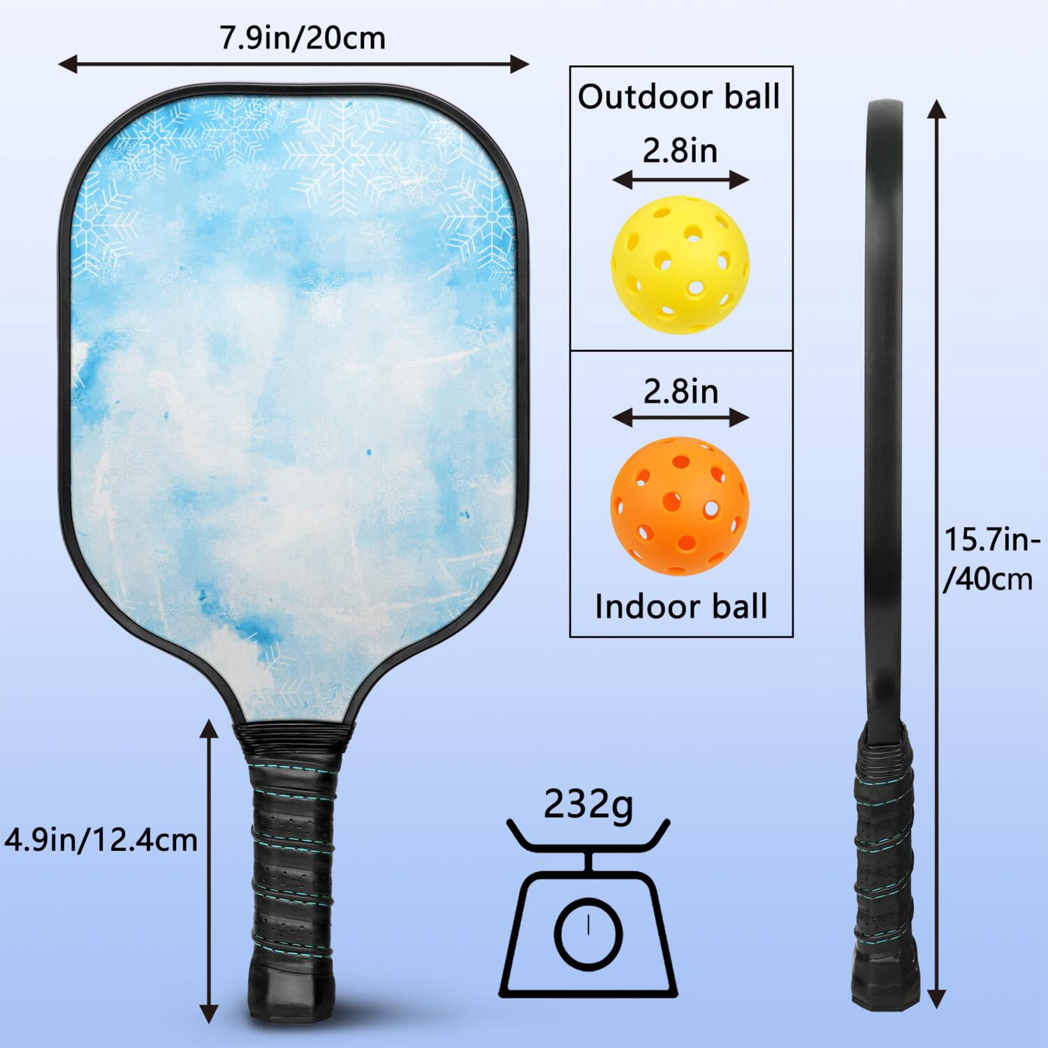 Pickleball Paddles Set Of 1, Fiberglass Surface, Ice Crystal Print, 1 Paddle, 2 Balls & Bag