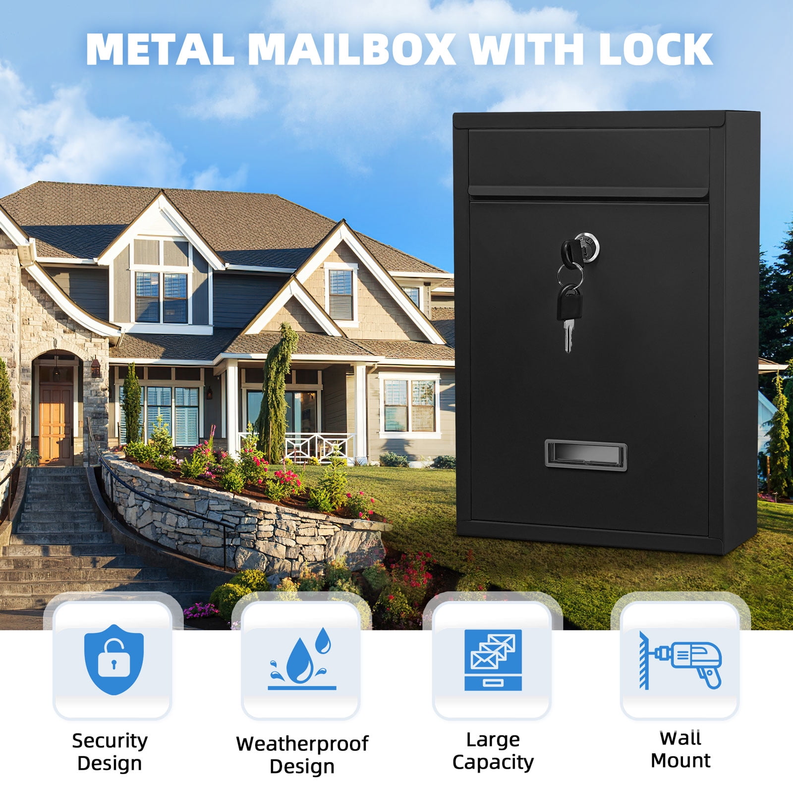 Mailbox Wall Mounted, Key Lock Mail Boxes, 3.3" D x 8.5" W x 12.6" H, Weatherproof Secure Mail Box, Key Lock Mail Boxes Outdoor, White Large (Black Key Lock)