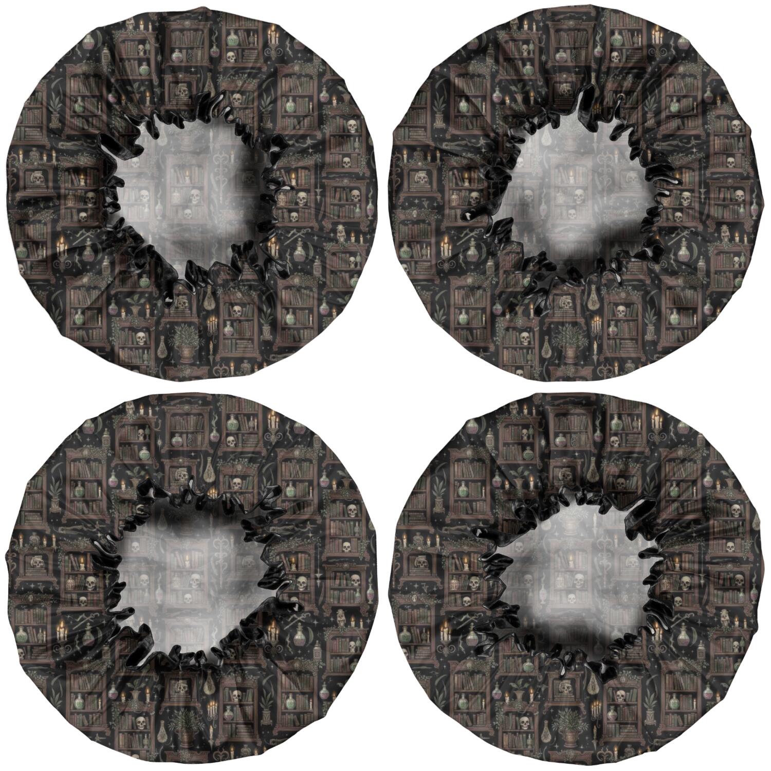 Shower Caps,Black Gothic Skull Bookcase Pattern Waterproof Shower Cap for Women 4 Pieces,Double Reusable Hair Cover for Shower PEVA Elastic Stretch Hem