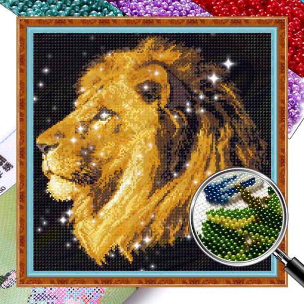 Kit Punto Cruz León Impreso Con Cuentas Bordado Parcial Arte Pared para El 9CT 45x47cm
