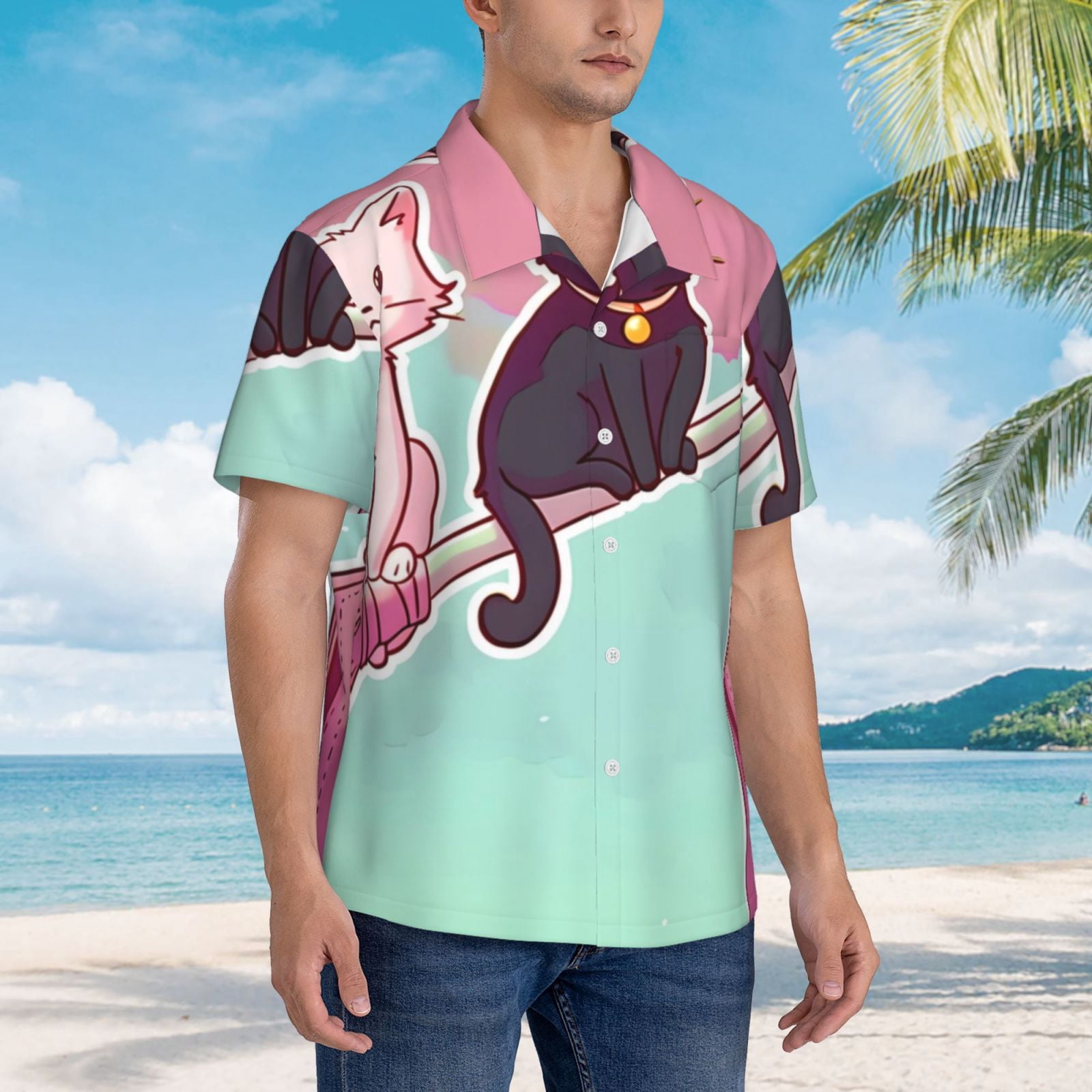Logiee Cats On Broomstick Print Mens Hawaiian Shirts,Loose-Fit Short Sleeve Button Down Tropical Aloha Beach Shirt,Summer Vacation Wedding Tops,Large