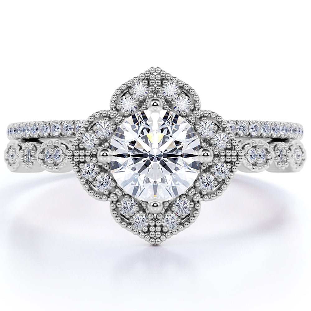 JeenMata Art Deco 1.75 Carat Round Cut Moissanite Bridal Ring Set in 18k White Gold Over Silver for Women