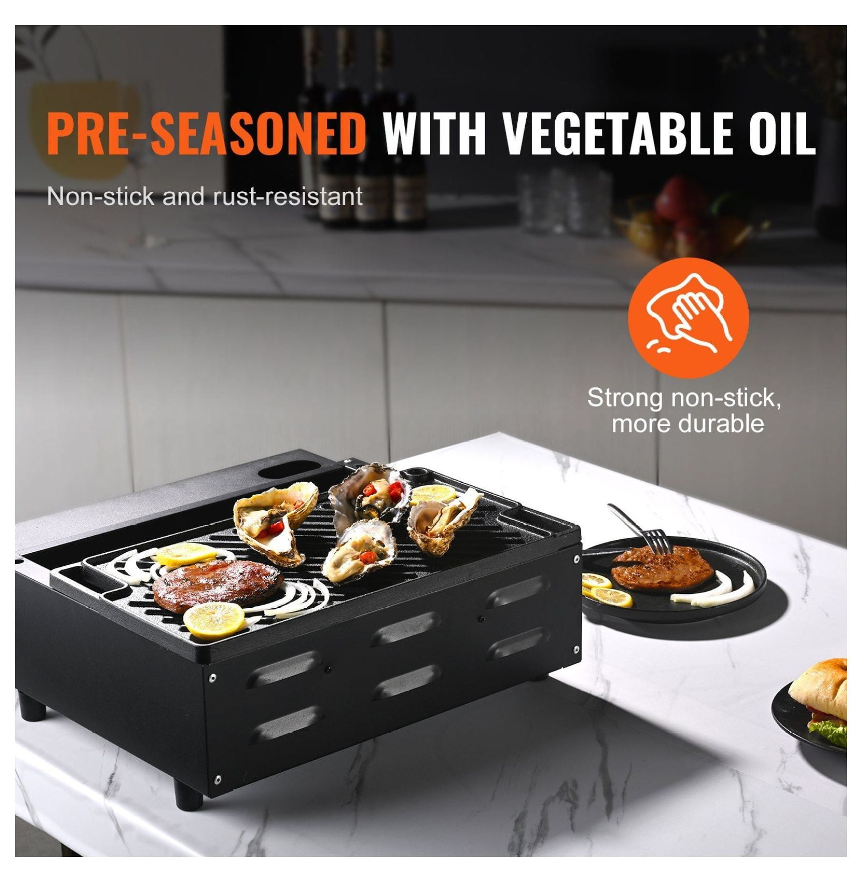 Cast Iron Griddle 9.7x16.7", Pre-Seasoned Double Burner Grill Pan, Non-Stick Flat Top for BBQ, Stove Top, Gas Grill - Black