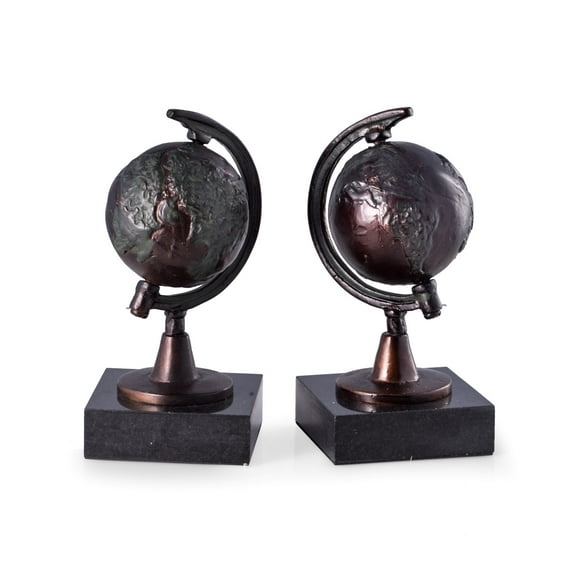 Cast Metal Revolving Globe Bookends with Bronzed Finish on Black Marble Base.