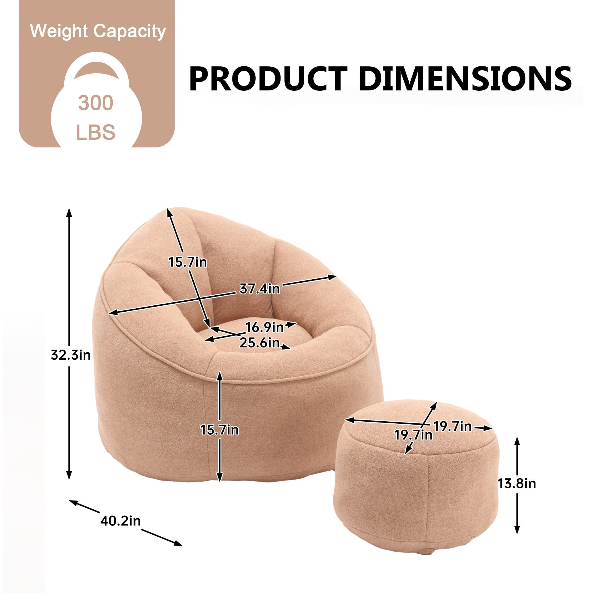 MOONMISS Microfiber Upholstered High Pressure Foam Round Lazy Bean Bag Sofa Chair with Ottoman-Tan