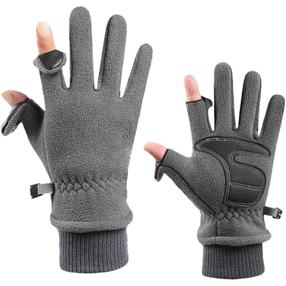 Winter Convertible Fleece Gloves for Men – Warm Windproof Gloves with Flip Finger Design, Touchscreen Thumb & Index, Anti-Slip Palm for Cycling, Fishing, Photography, Driving (Gray)