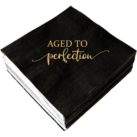 20pcs Aged to Perfection Birthday Party Disposable Paper Napkins 3-ply Gold Foil and Black Beverage Napkins for Happy Birthday Party Decorations Retirement Cocktail Napkins 5"x5"