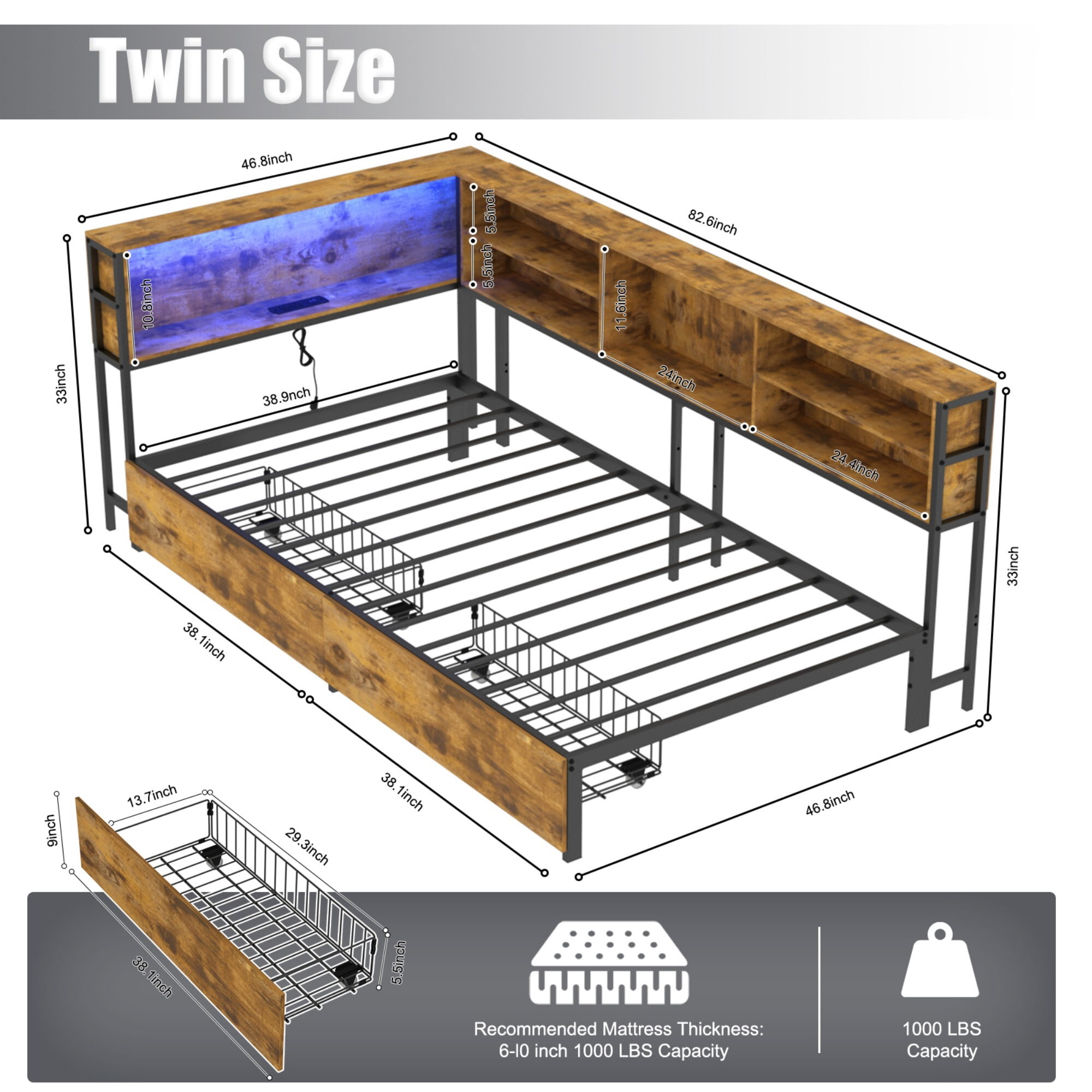 AENKYO Twin Size Corner Bed Frame with Charging Station, Smart LED Lights, Bookshelf Headboard & 2 Drawers, Rustic Brown