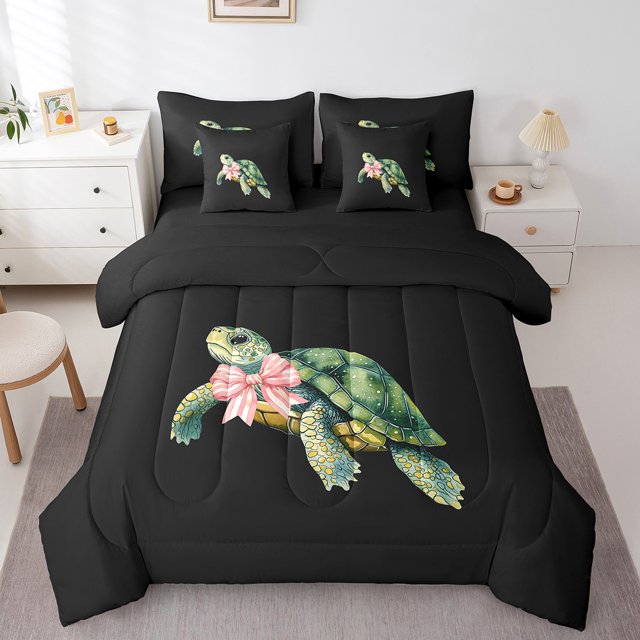 Erosebridal Ensembles de Literie Tortue de Mer Taille Grand, Ensembles de Couette Nœud Dessin Animé avec Draps, Décoration de Chambre Marine, Réversible 7 Pcs
