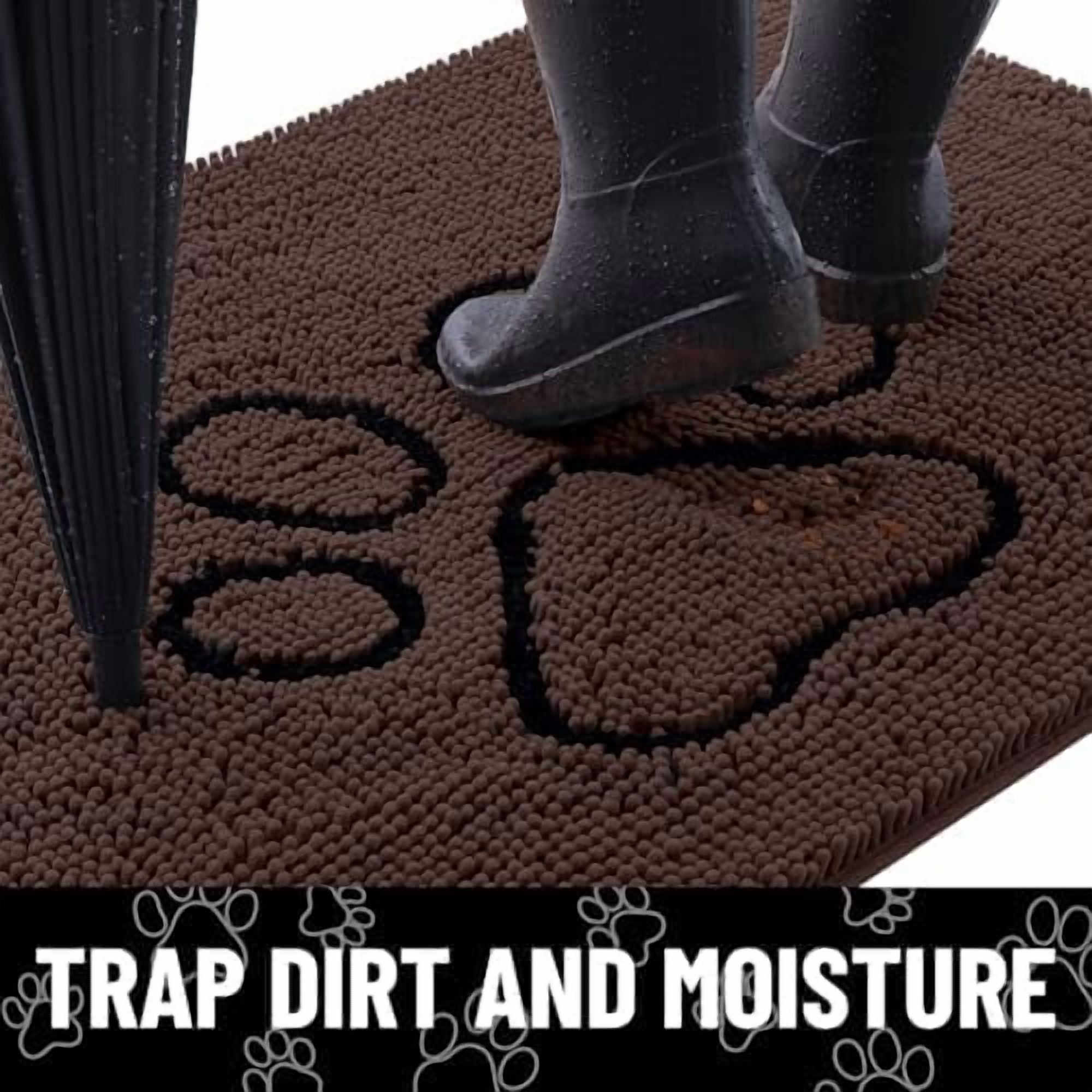 Dog Door Mat for Muddy Paws, Absorbent Dirt Trapper Non Slip Quick Dry Washable Chenille Mat for Mud Dogs, Entry Rug for Indoor and Outdoor (48x30 Inches, Brown and Black)