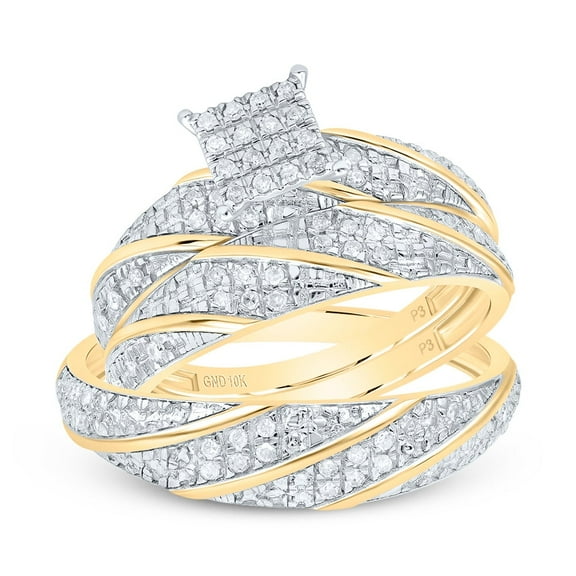 10K Yellow Gold Round Cut Diamond Men's Wedding Band & Women's Bridal Set Braided Design Square Center Matching Trio Set 1/4 CT.