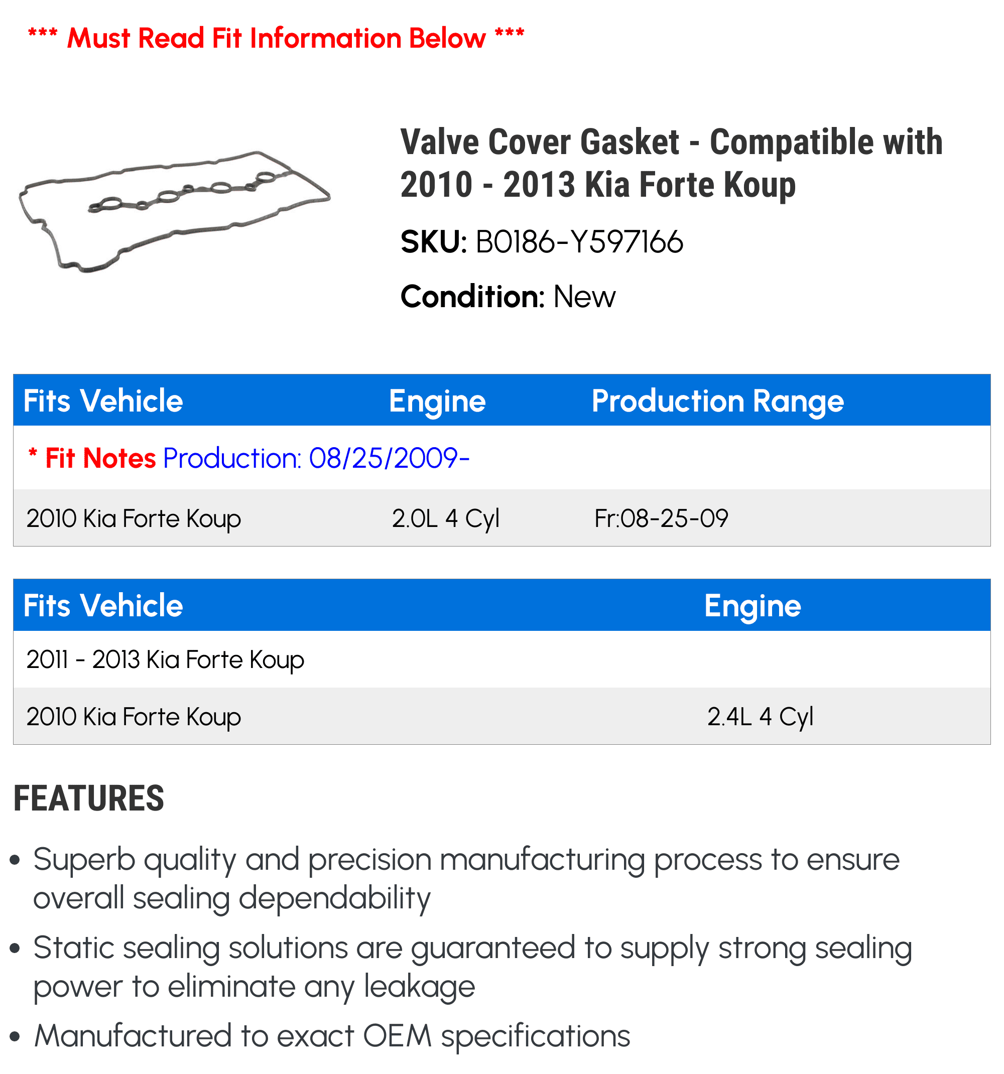 Valve Cover Gasket - Compatible with 2010 - 2013 Kia Forte Koup 2011 2012