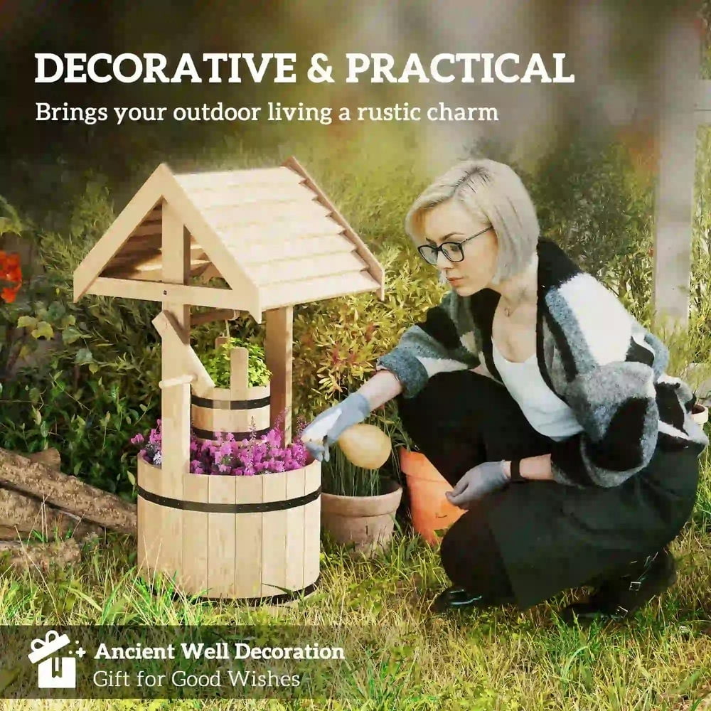 Resenkos Wood Wishing Well for Outside with Hanging Bucket, Wishing Well Planter with Drain Hole for Garden Patio, Natural